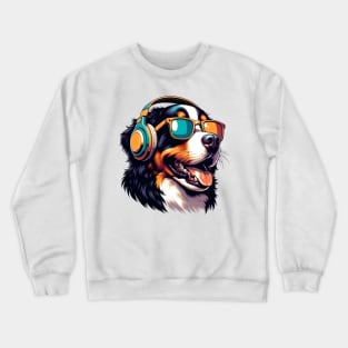 Grinning Bernese Mountain Dog as Smiling DJ in Sunglasses Crewneck Sweatshirt